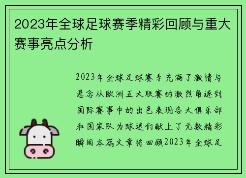 2023年全球足球赛季精彩回顾与重大赛事亮点分析
