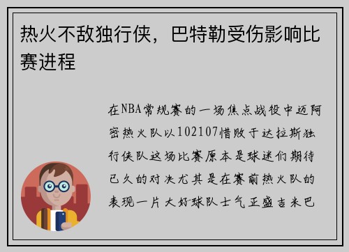 热火不敌独行侠，巴特勒受伤影响比赛进程