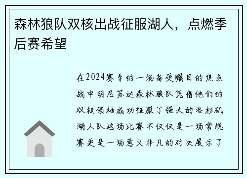 森林狼队双核出战征服湖人，点燃季后赛希望