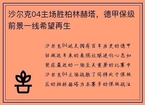 沙尔克04主场胜柏林赫塔，德甲保级前景一线希望再生