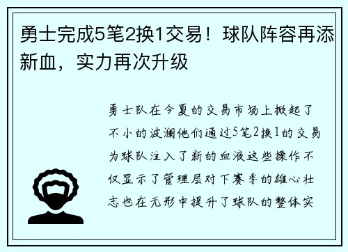 勇士完成5笔2换1交易！球队阵容再添新血，实力再次升级