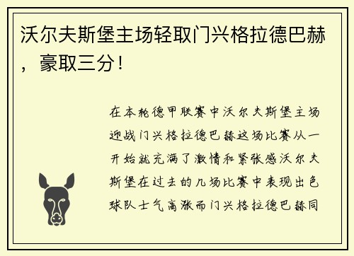 沃尔夫斯堡主场轻取门兴格拉德巴赫，豪取三分！