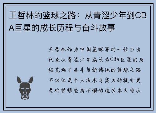 王哲林的篮球之路：从青涩少年到CBA巨星的成长历程与奋斗故事
